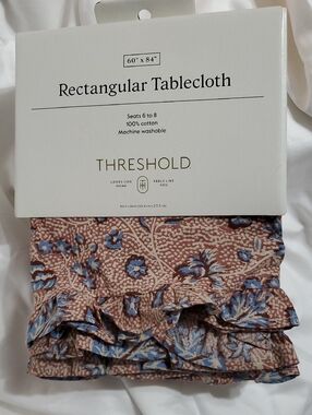 NWT Threshold Floral Rectangular Ruffle Tablecloth 60 in W X 84 In L Blue Brown